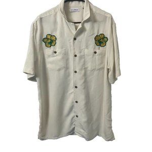 Caribbean Vintage Gold Green Flowers Cream Modal Fabric Shirt Men's Size‎ L